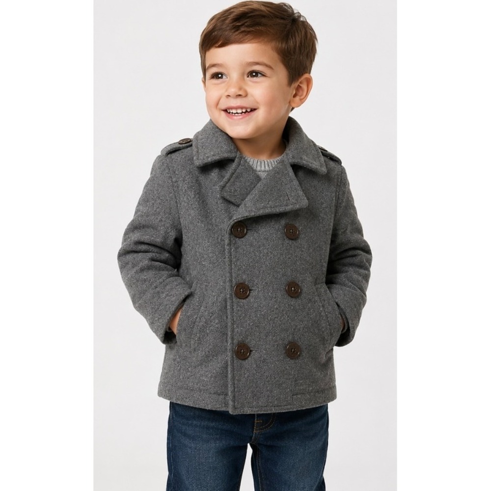 BabyGap Toddler Boys Gray Wool Blend Pea Coat Plaid Lined Jacket 4 Years - Picture 1 of 6